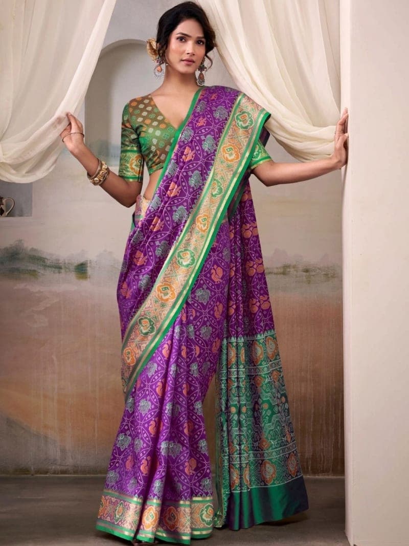 Purple Patola Bandhani Woven Saree with Zari Border