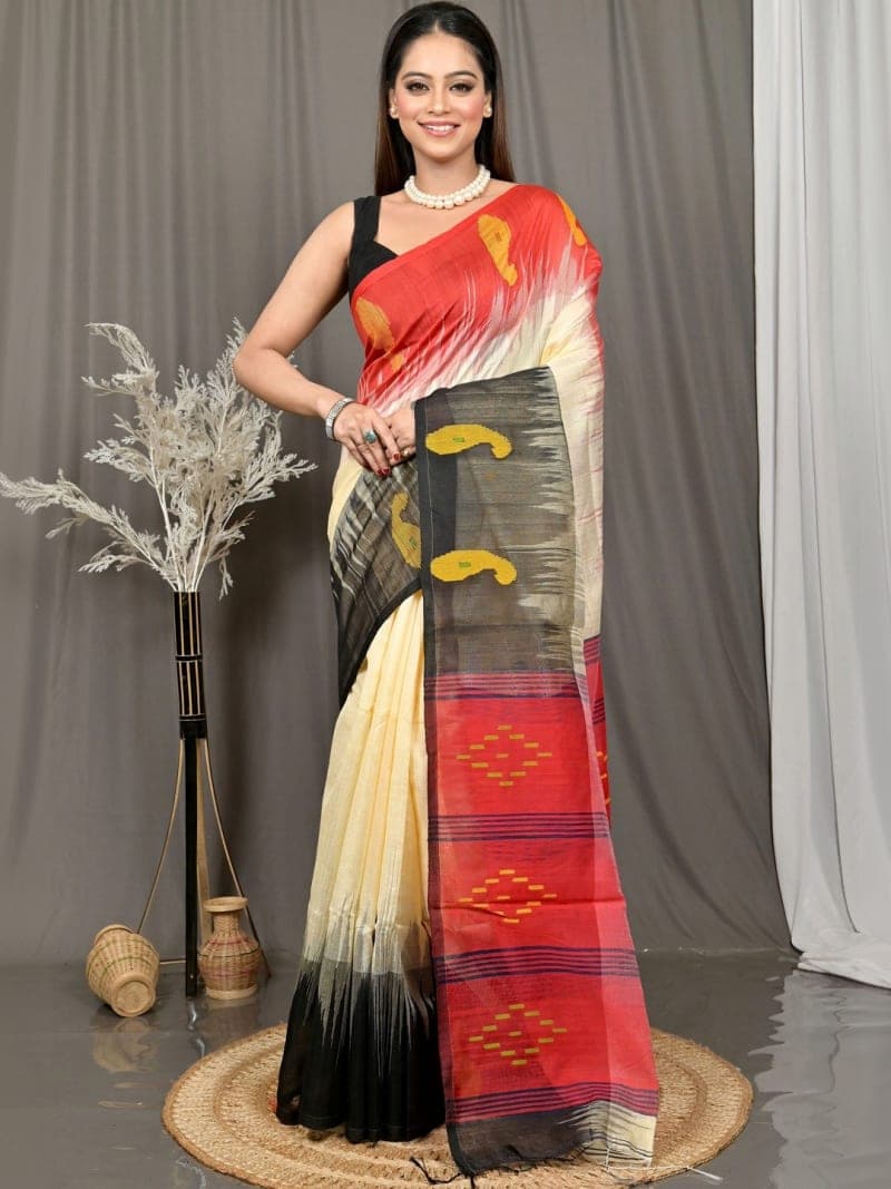 Red & Black Ikat Woven Saree with Ethnic Motifs