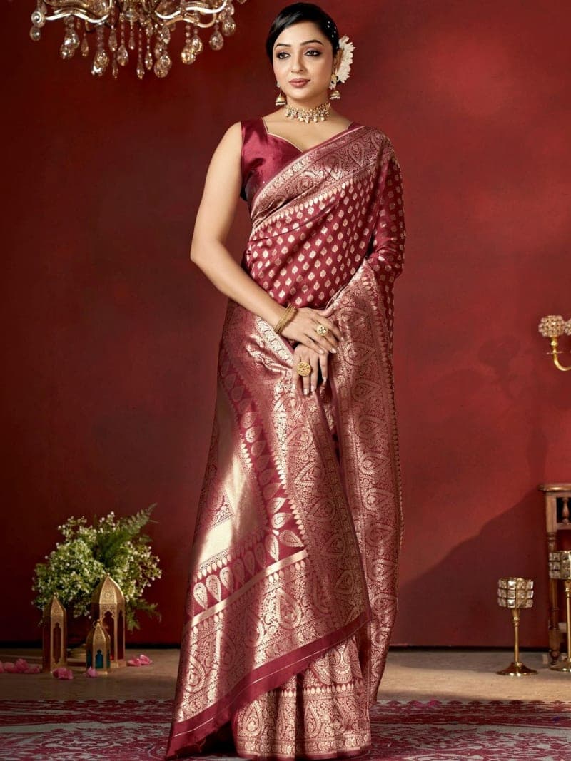 Maroon Banarasi Woven Saree with Zari Border