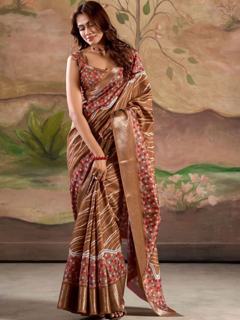 Brown Jamdani Striped Print Saree with Zari Woven Border