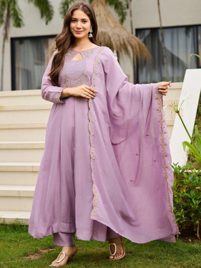 Purple Embellished Vichitra Silk Anarkali Pant Set