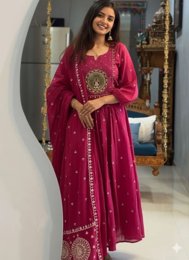 Pink Floral Embroidered Rayon Anarkali Set
