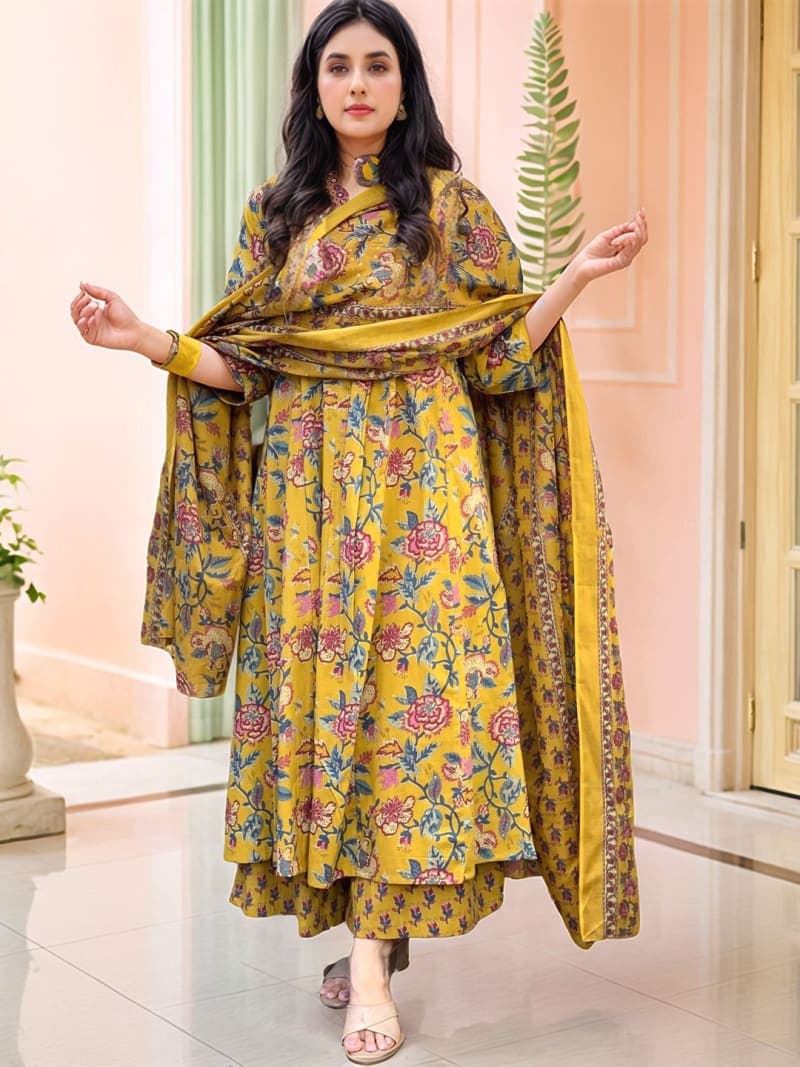 Yellow Floral Printed Rayon Kurta Set