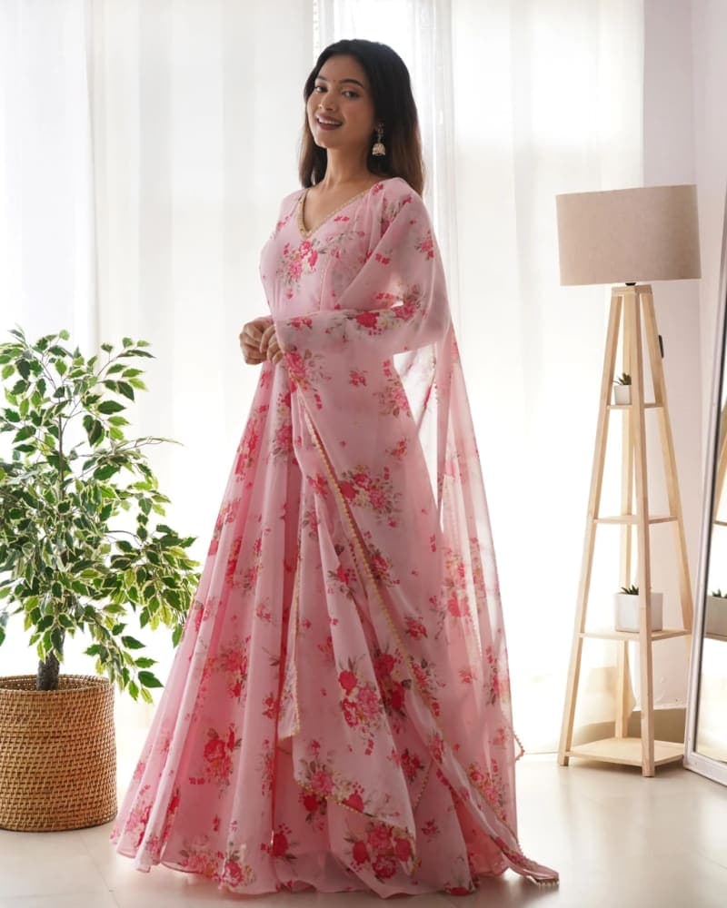 Pink Printed Anarkali Suit & Dupatta Set
