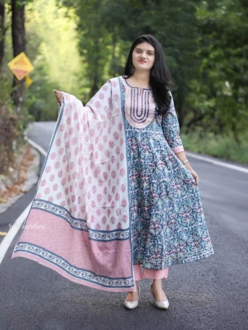 Pink & Green Embroidered Rayon Kurta Set
