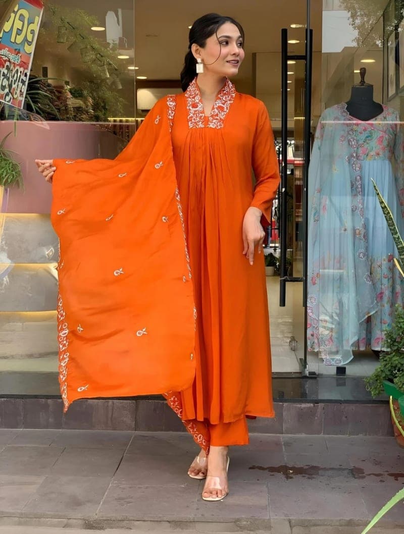 Orange Embroidered Rayon Anarkali Palazzo Set