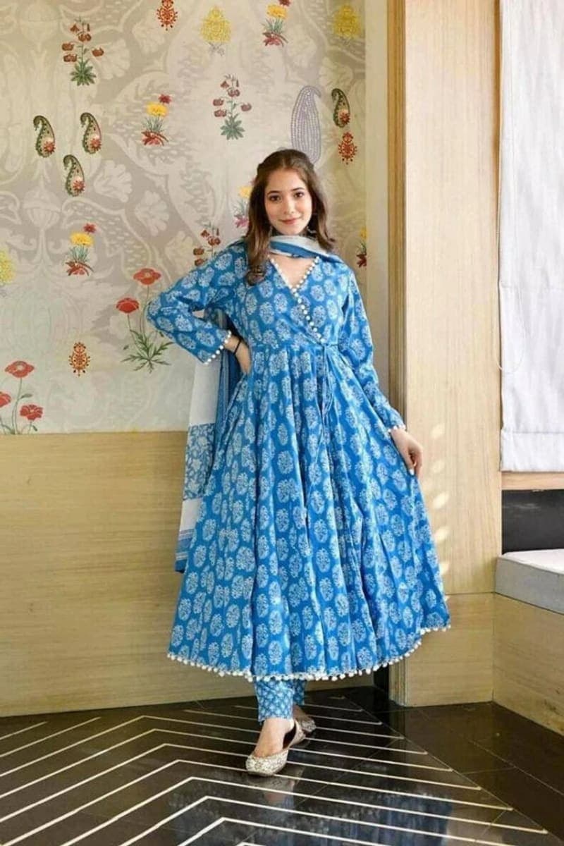Blue Printed Rayon Long Sleeve Kurti