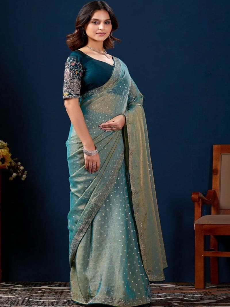 Teal Narayan Peth Embellished Saree with Embroidered Border