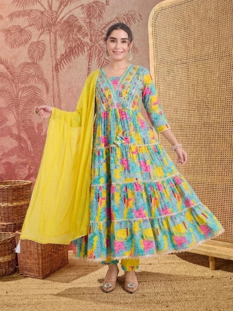 Yellow Multicolor Printed Cotton Mirror Work Anarkali Set