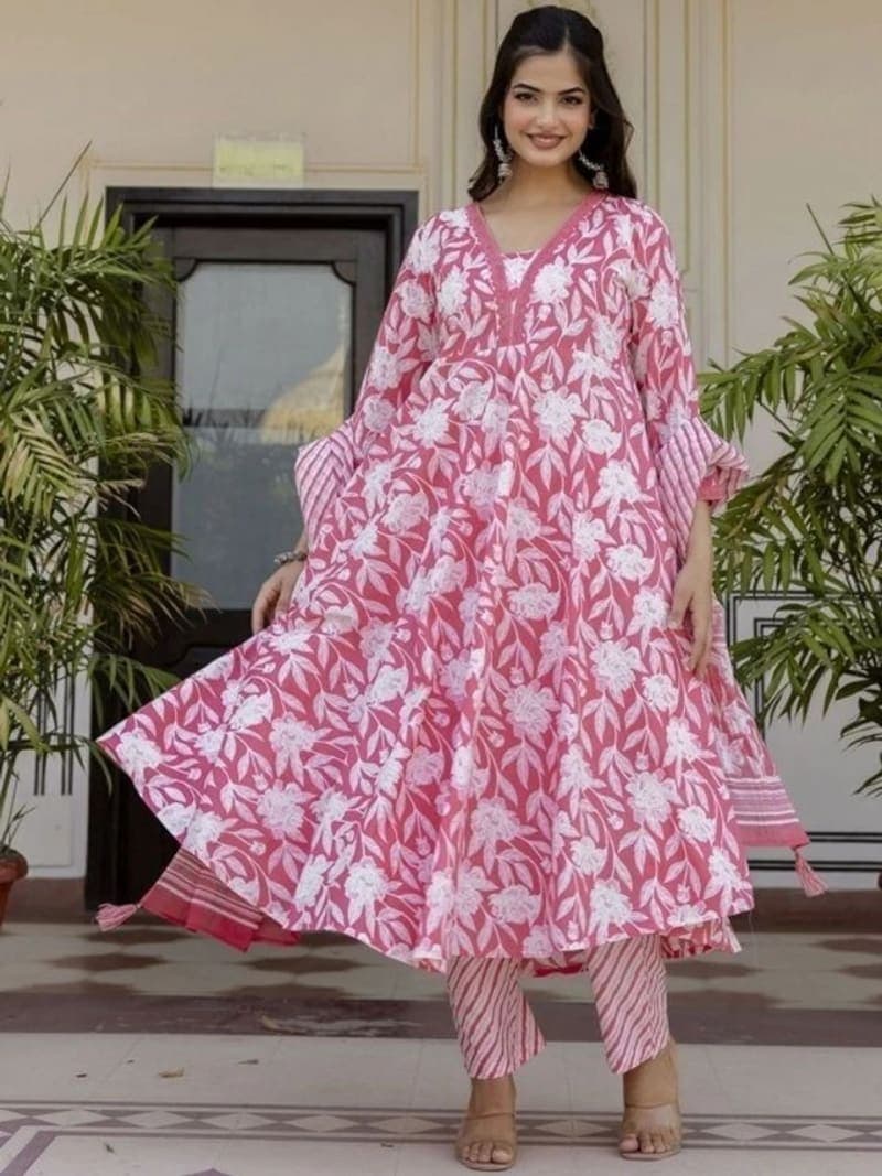 Pink Botanical Printed Rayon Flared Kurta Pant Set