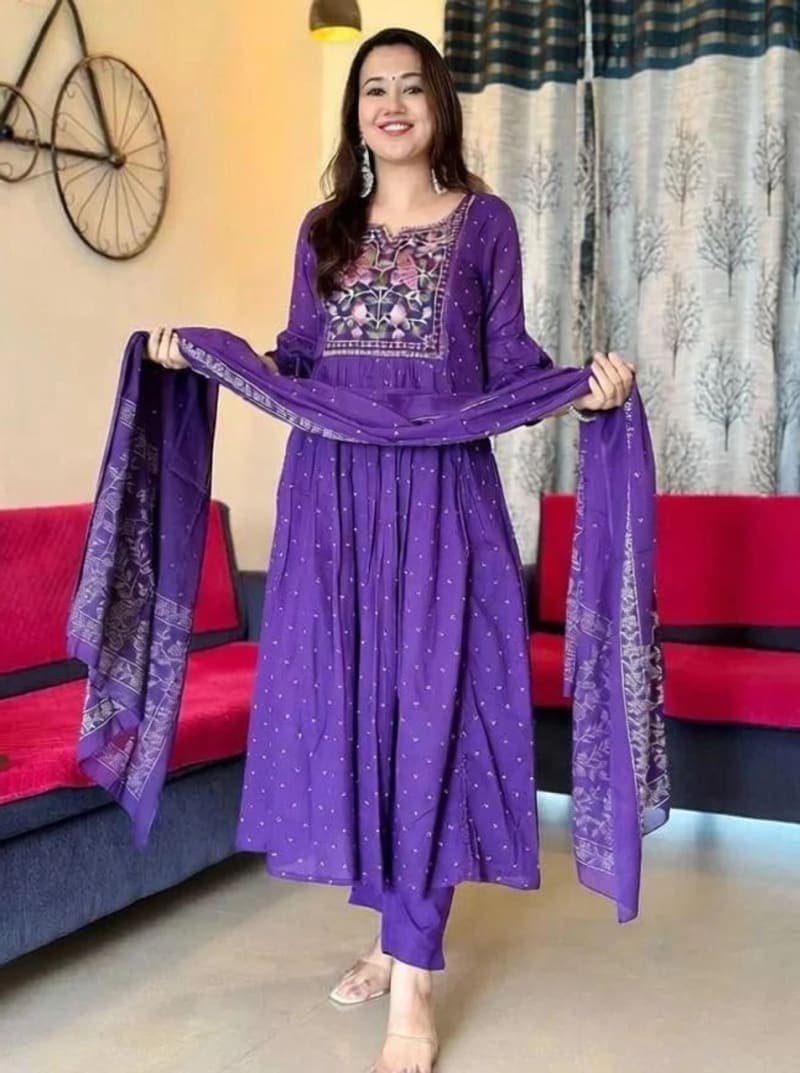Purple Floral Embroidered Rayon Anarkali Pant Set