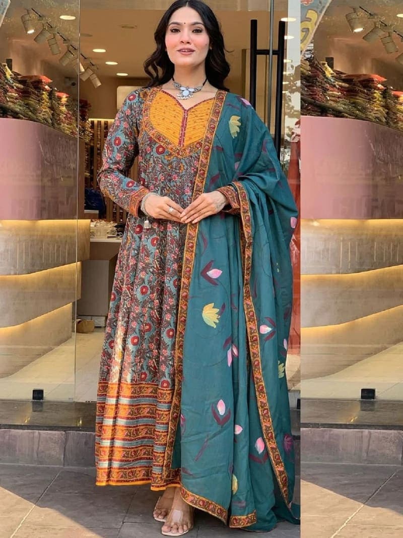 Aqua Blue Botanical Printed Viscose Anarkali Pant Set