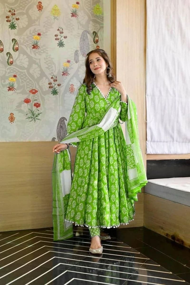 Green Floral Printed Rayon A-line Kurta Pant Set