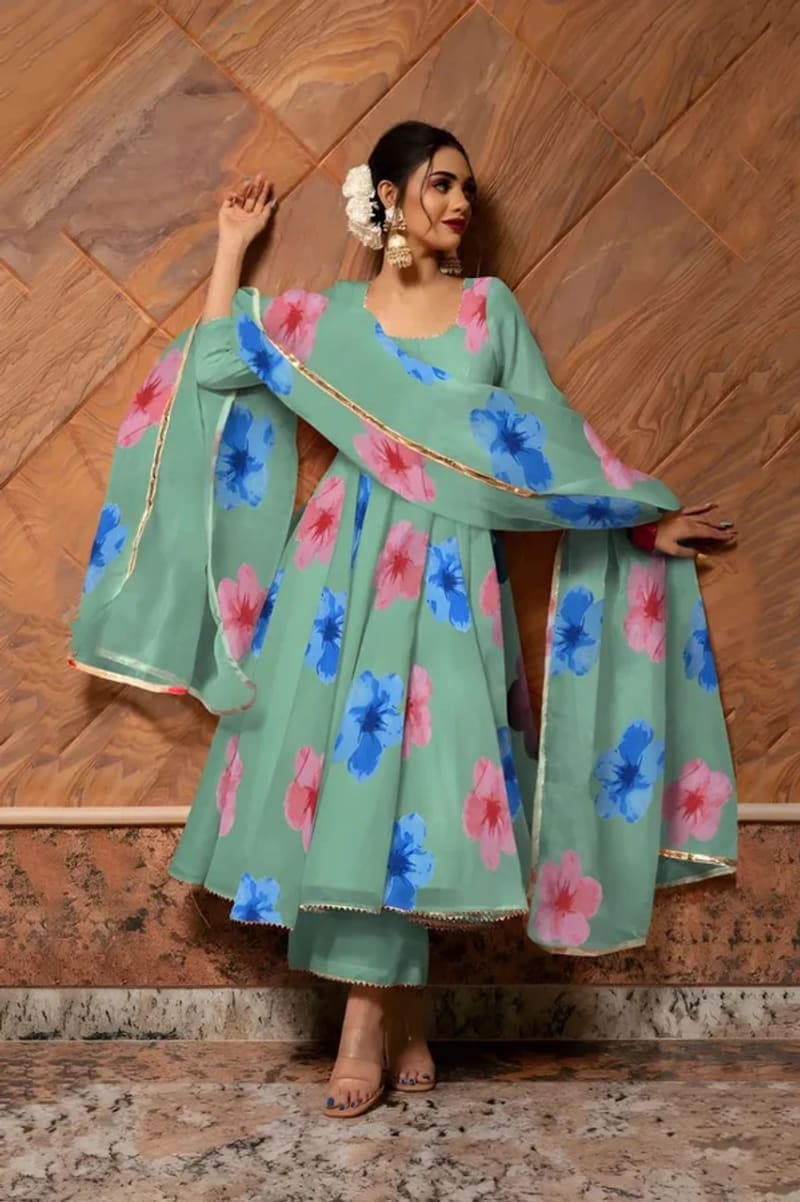 Multicolor Floral Printed Georgette Anarkali Kurta Dupatta Set