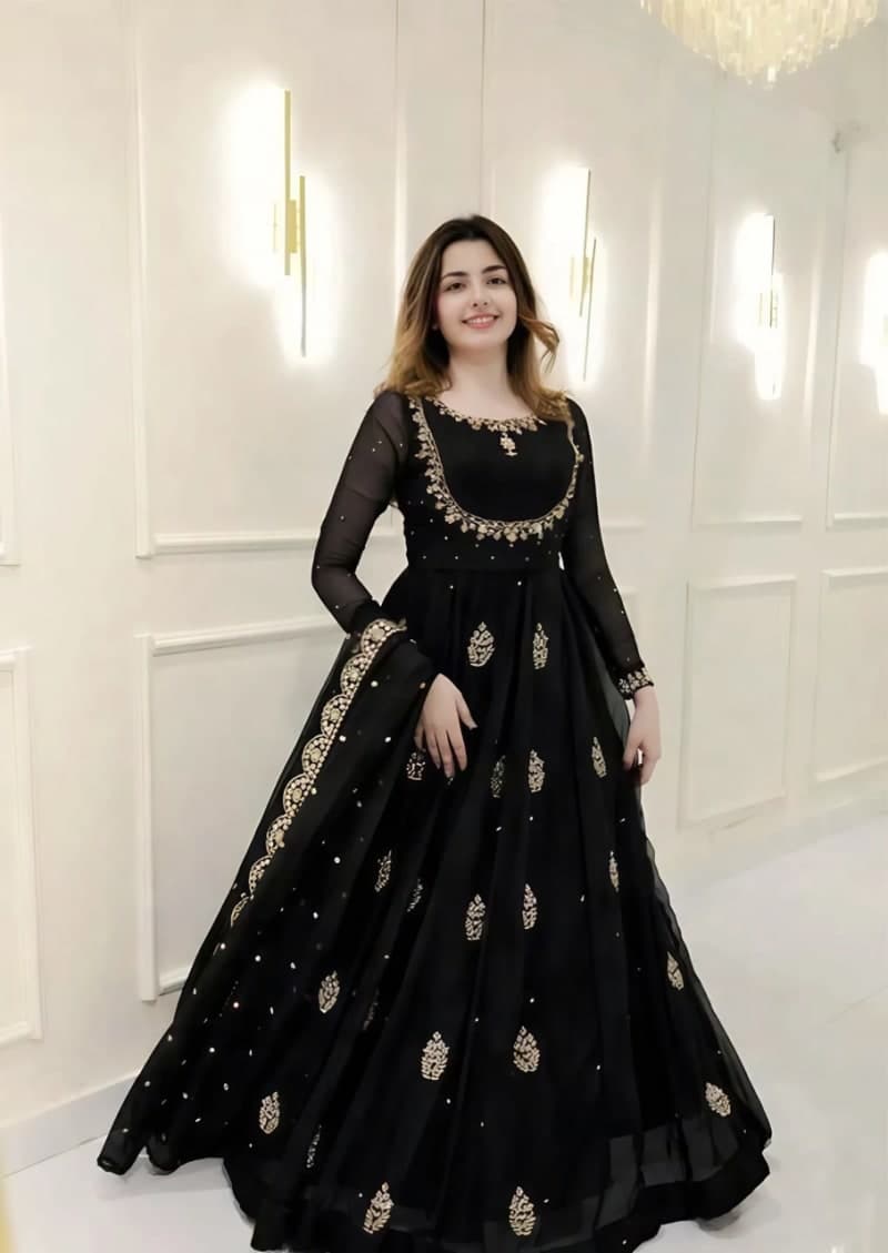 Black Floral Embroidered Georgette Anarkali Dupatta Set
