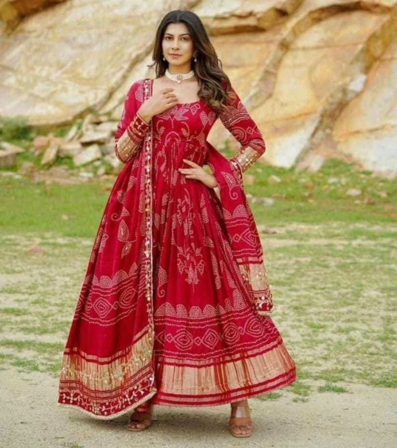 Red Bandhej Printed Rayon Long Gown and Dupatta Set
