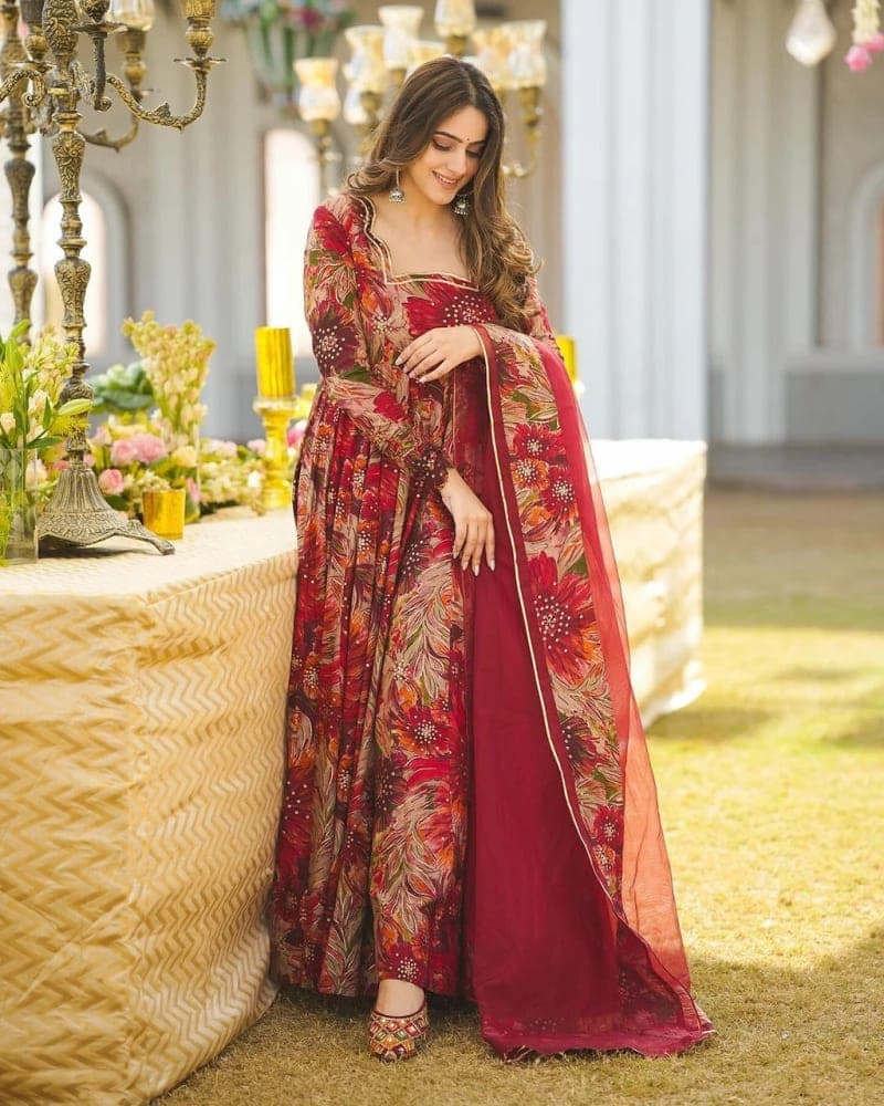 Multicolor Floral Printed Rayon Long Anarkali Kurti Dupatta Set