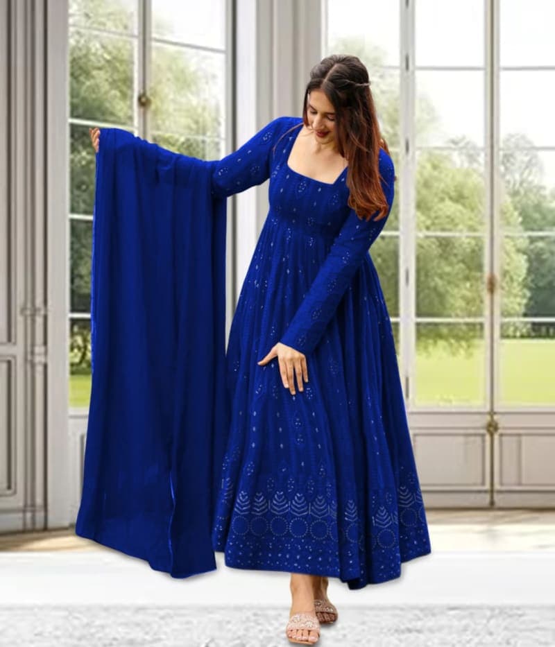 Blue Sequinned Embroidered Georgette Anarkali Dupatta Set