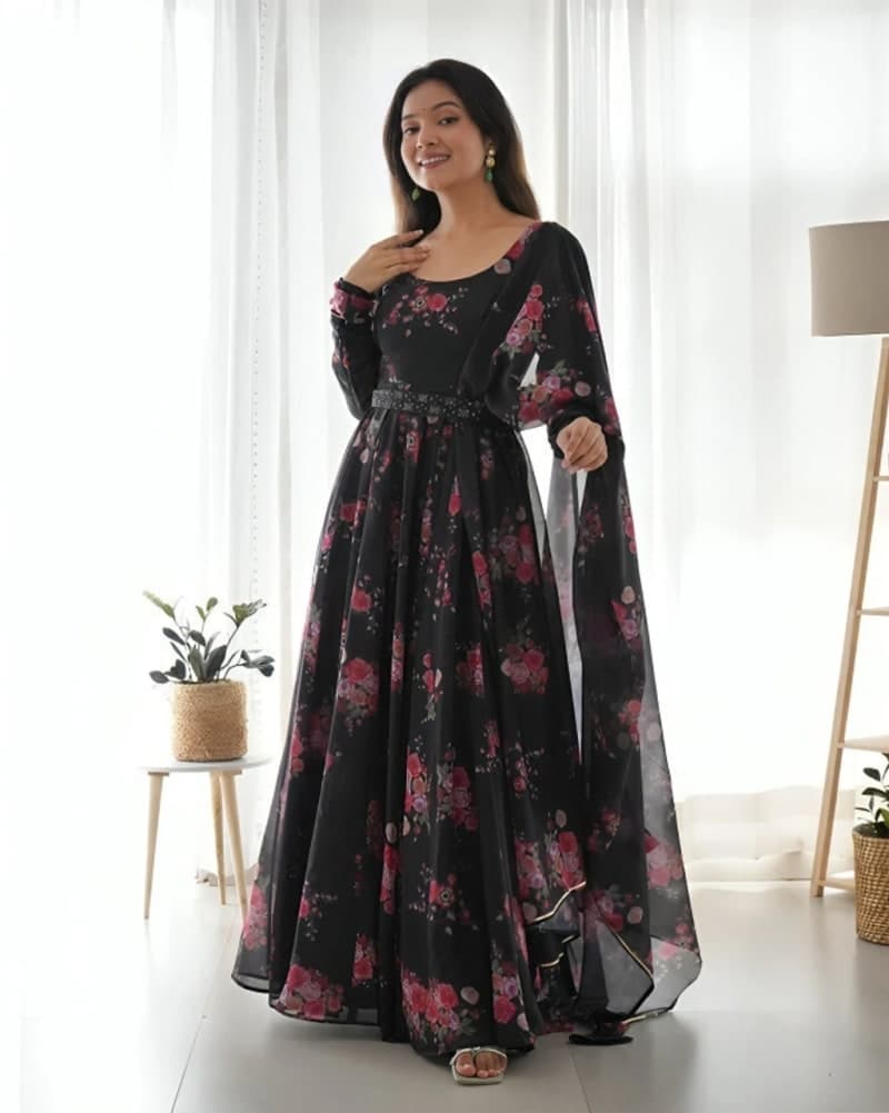 Floral Georgette Long Kurti & Dupatta Set