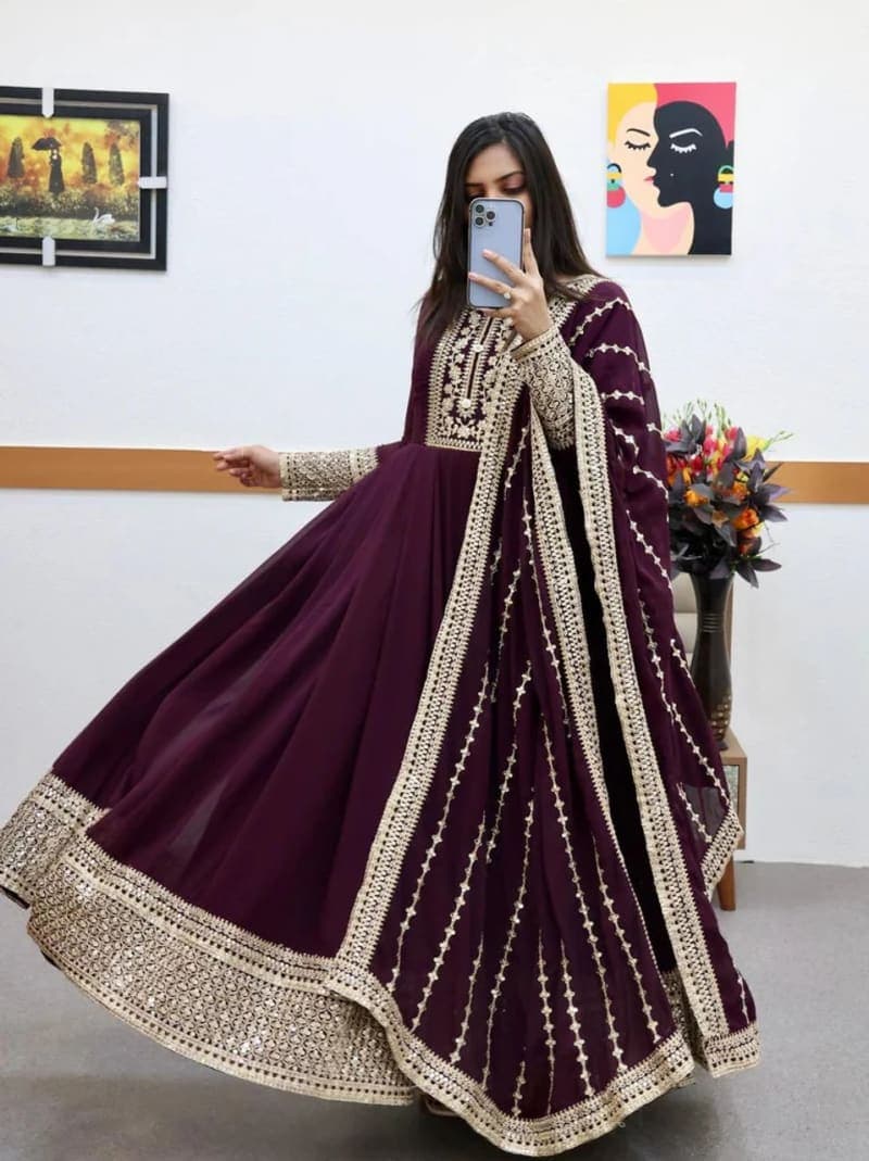 Purple Heavy Embroidered Georgette Gown Set