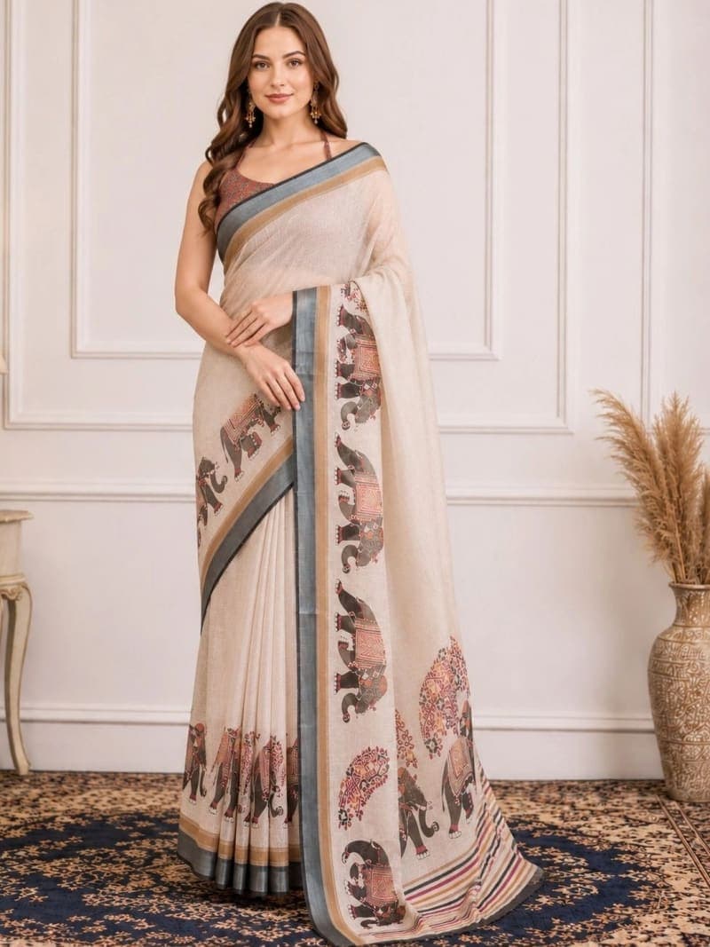 Off White Linen Cotton Block Print Saree with Zari Border