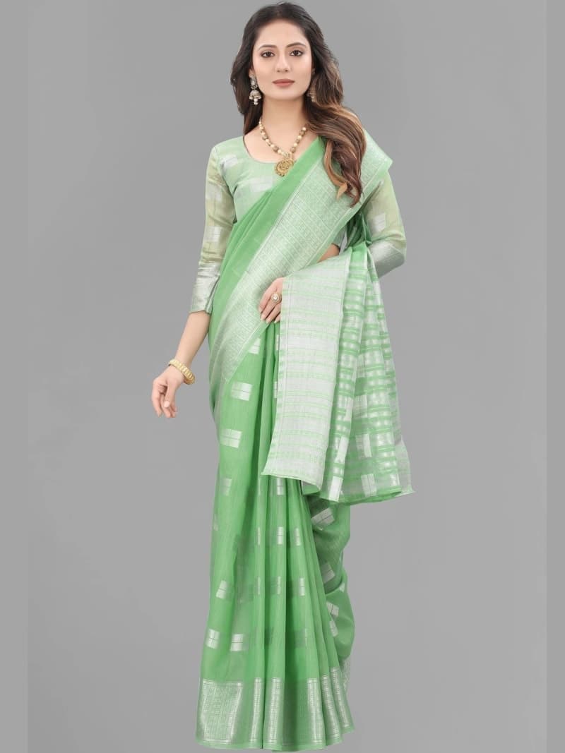 Lime Green Banarasi Floral Woven Saree with Woven Border
