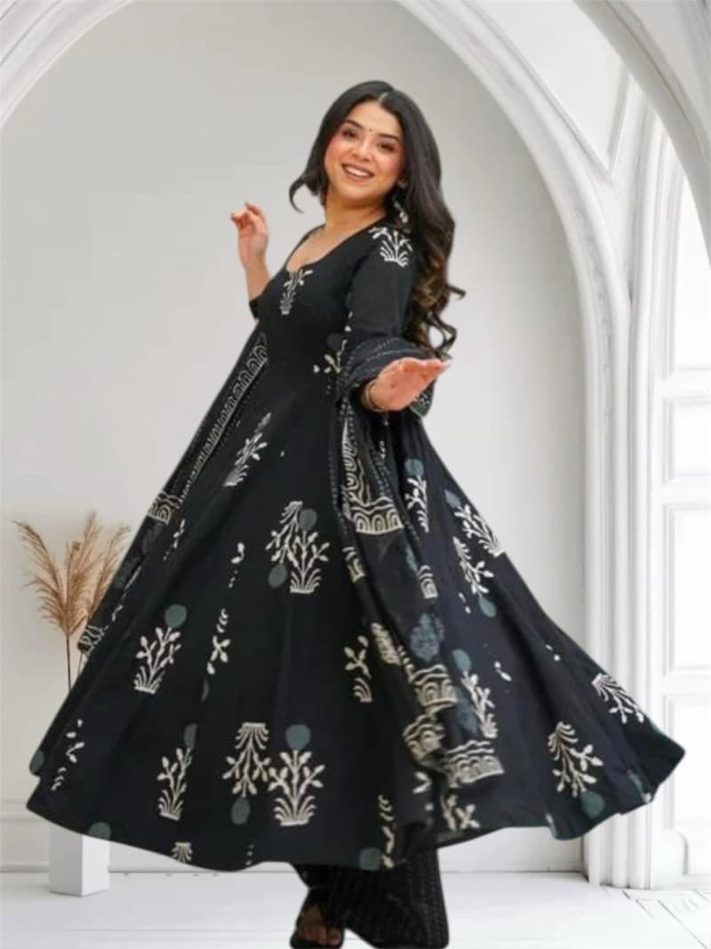 Black Botanical Printed Rayon Anarkali Pant Dupatta Set