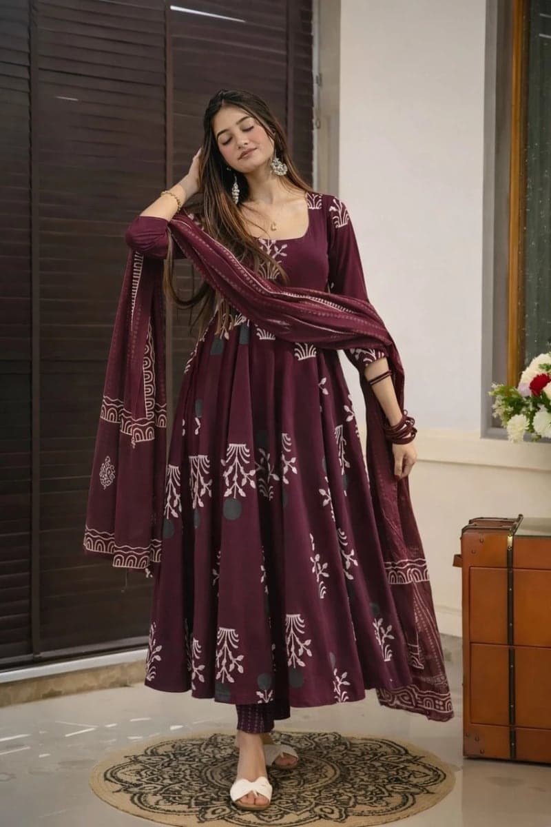 Purple Ethnic Printed Rayon Flared Anarkali Pant Set