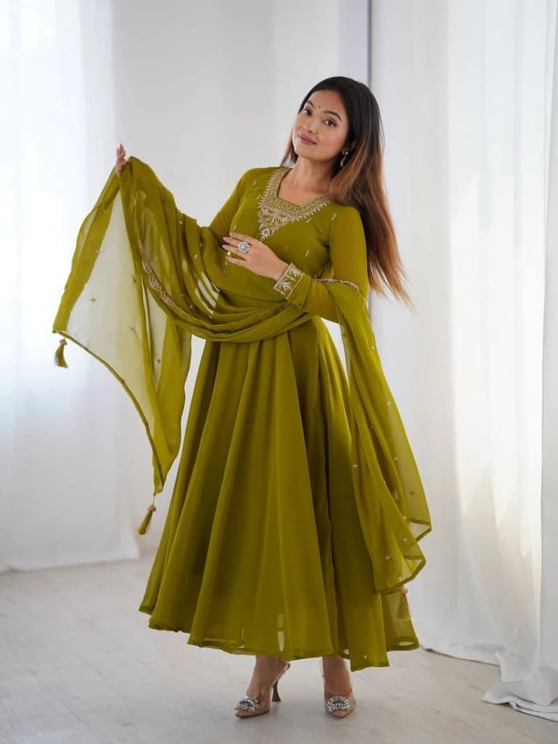 Olive Green Embroidered Georgette Anarkali Pant Set