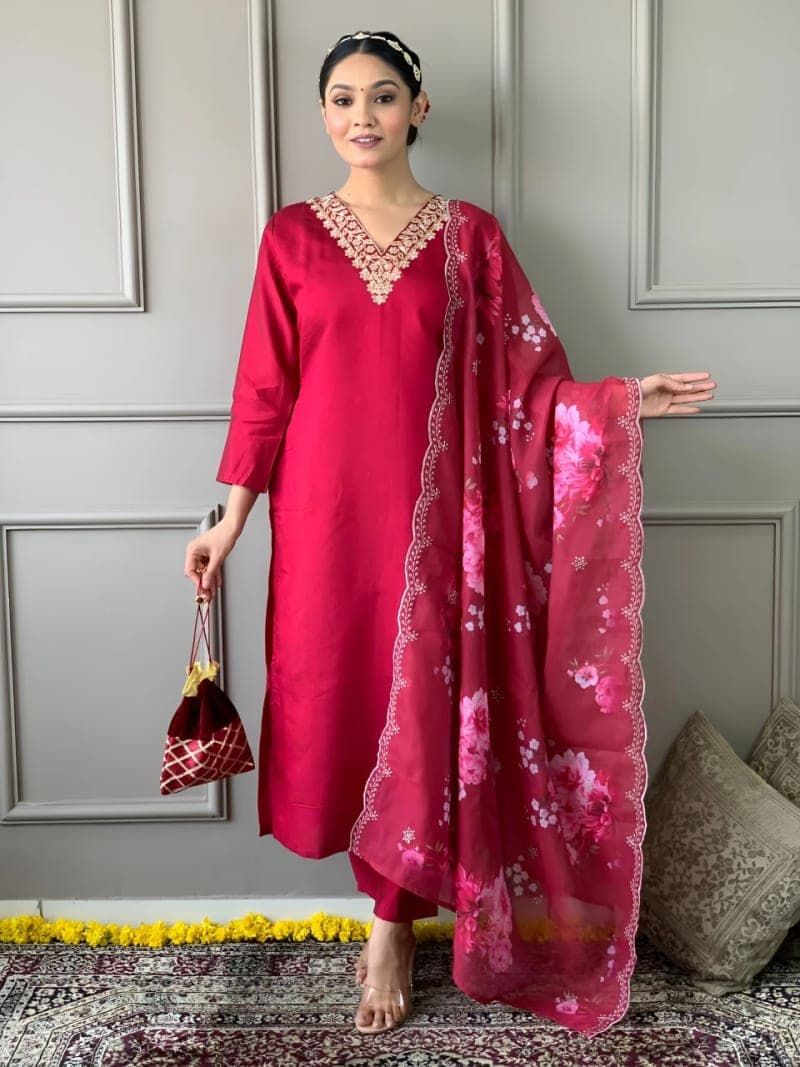 Pink Floral Embroidered A-line Kurti Set