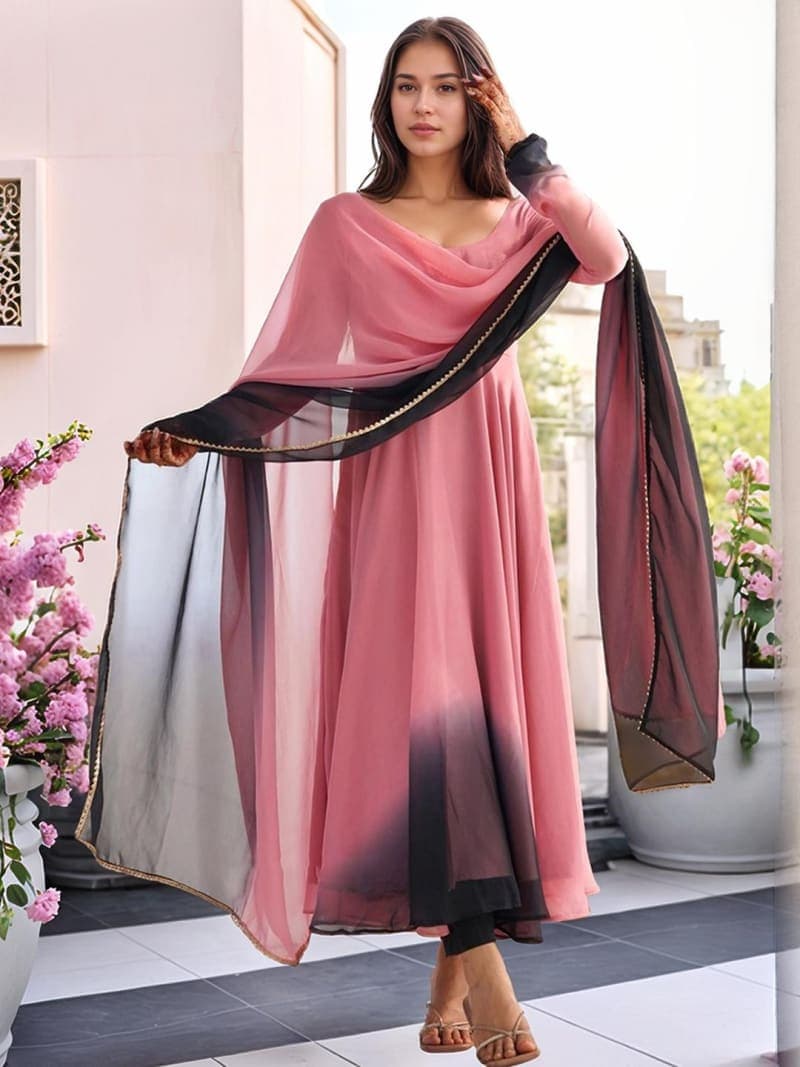 Multicolor Colorblocked Georgette Anarkali Kurti and Dupatta Set