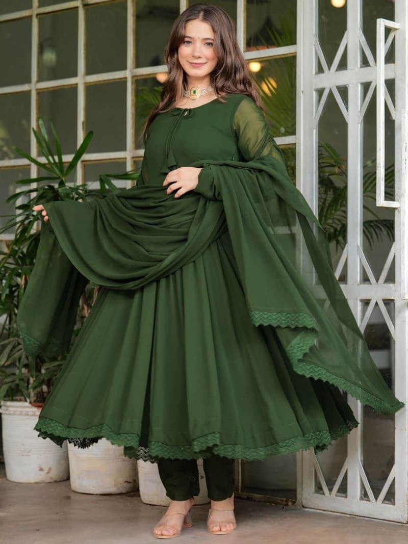 Olive Chikankari Georgette Anarkali Set