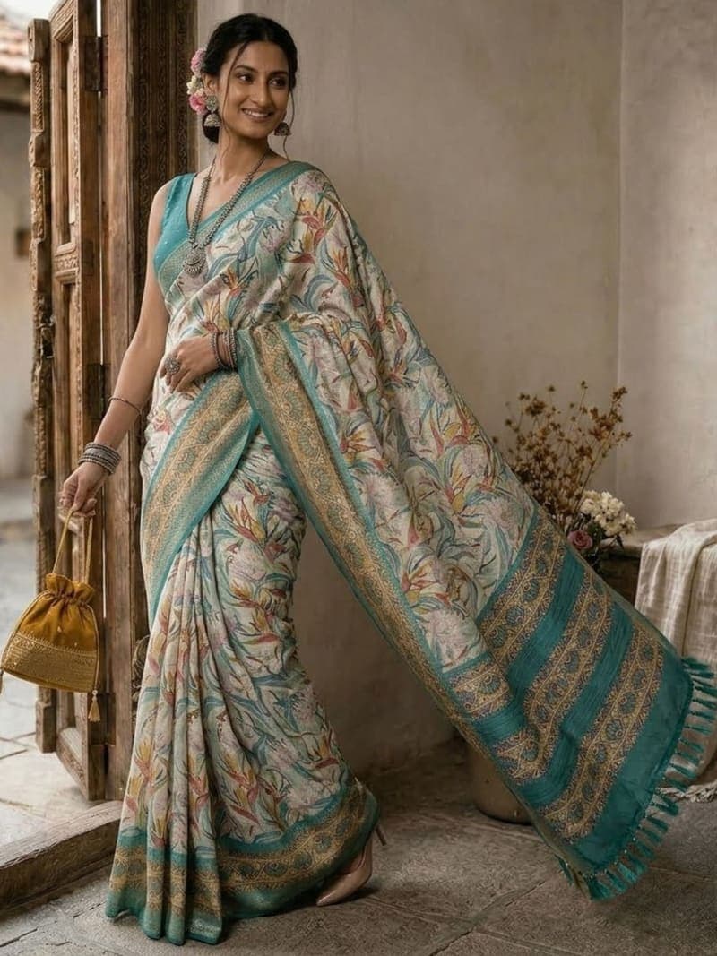 Off White Floral Printed saree with Embellished Border