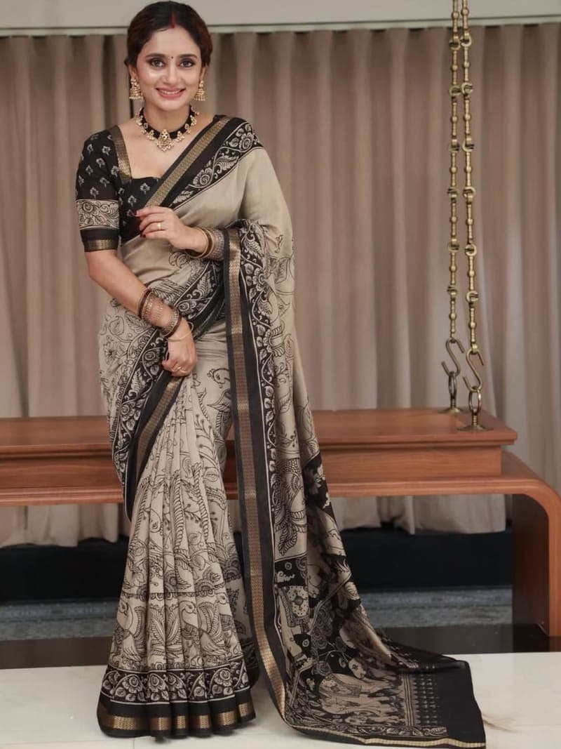 Beige and Black Kalamkari Printed saree with Woven Design Border