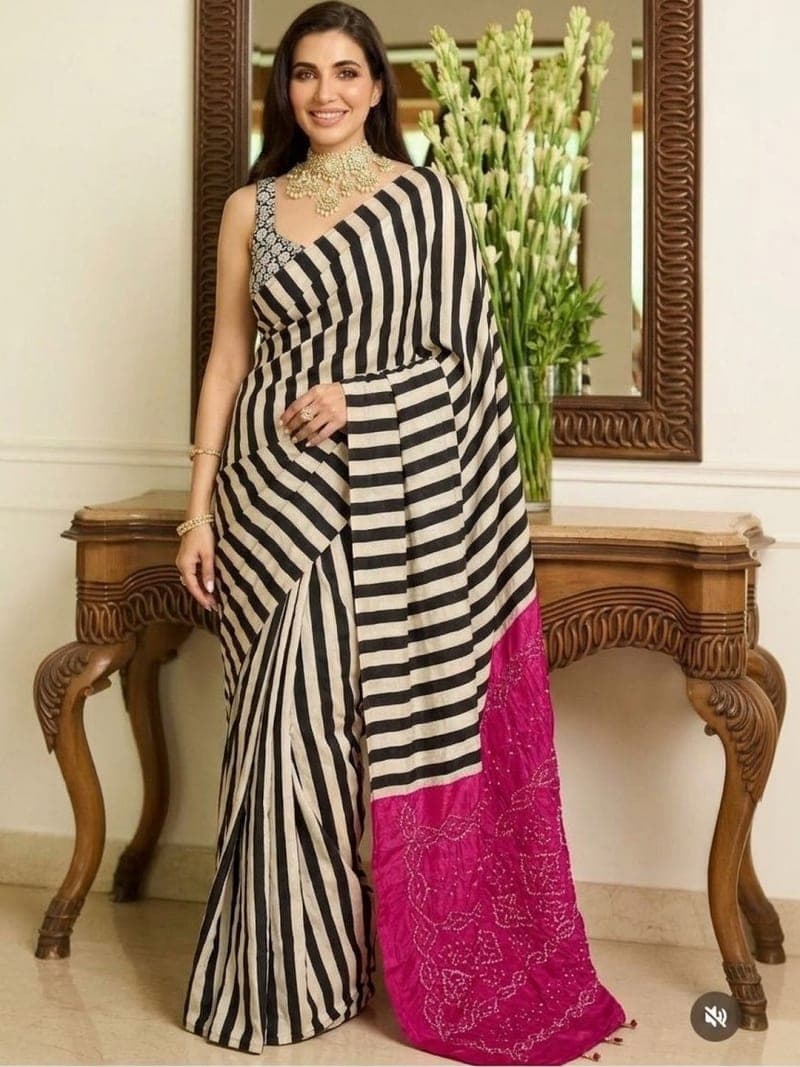 Black Striped saree with Printed Border