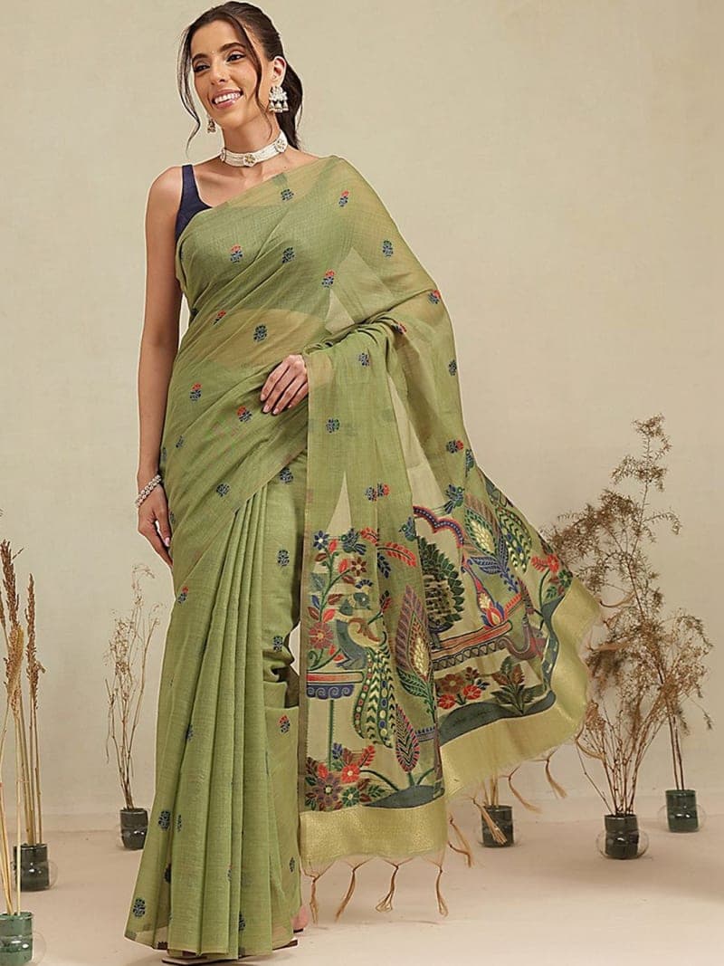 Olive Green Ethnic Motifs Embellished saree with Woven Design Border
