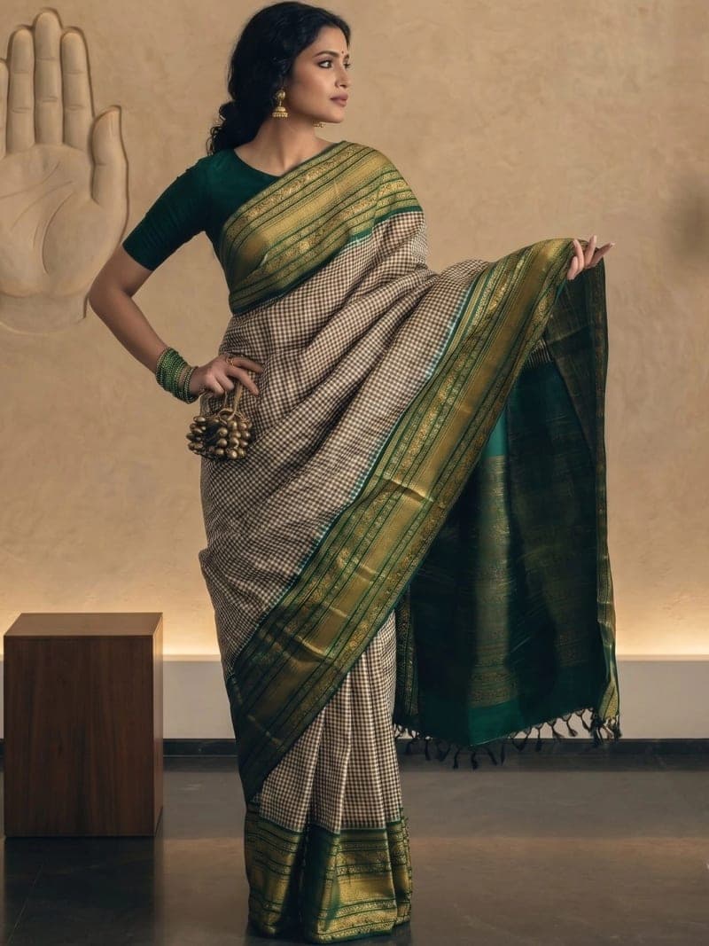 Off White Banarasi Woven Saree with Zari Detail & Border
