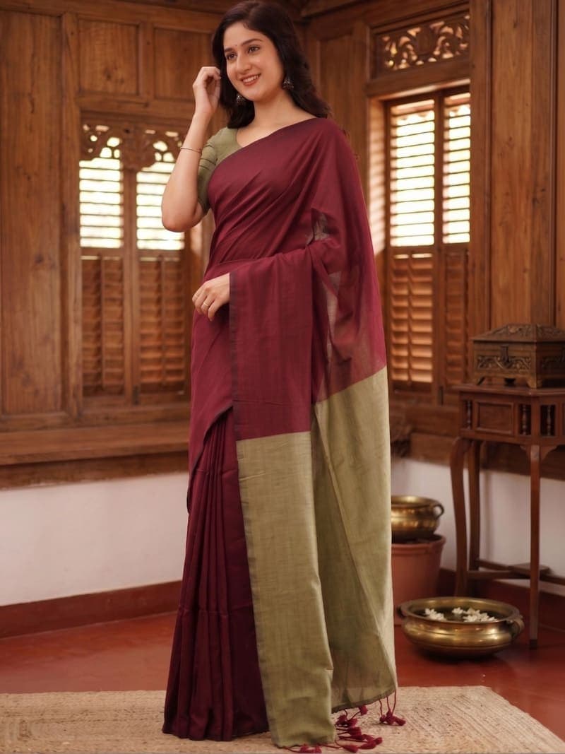 Maroon Banarasi Solid Woven Saree with Zari Border