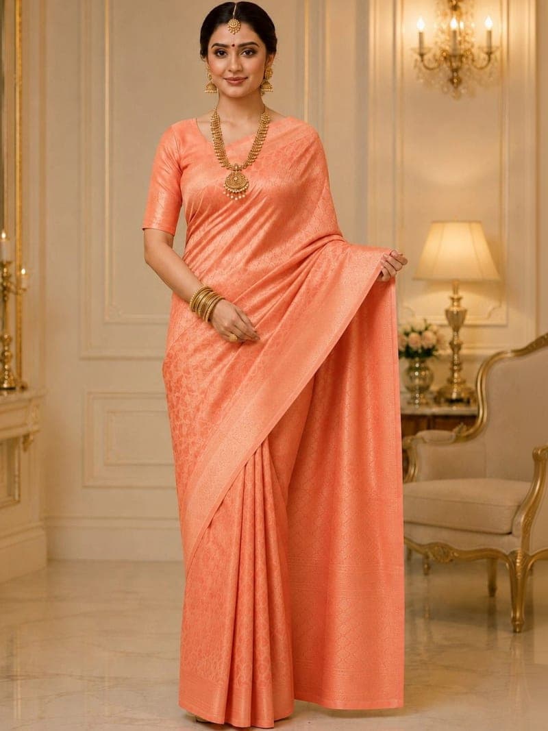 Peach Printed Saree with Zari Detailing & Woven Border