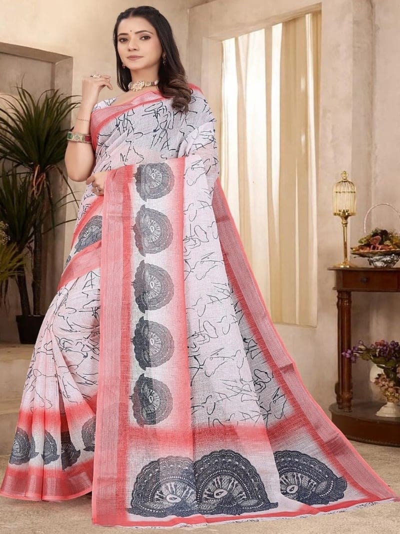 Off White & Peach Kanjeevaram Abstract Print Saree