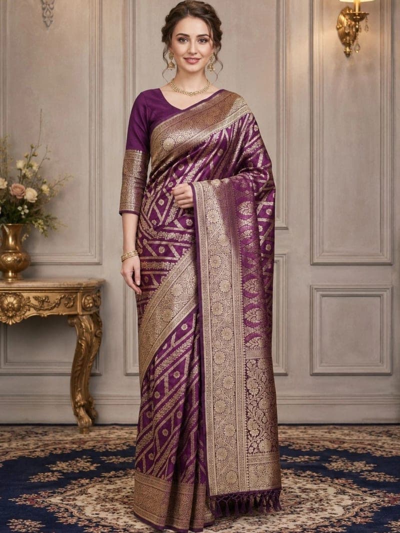 Purple Banarasi Woven Design Saree with Zari Border