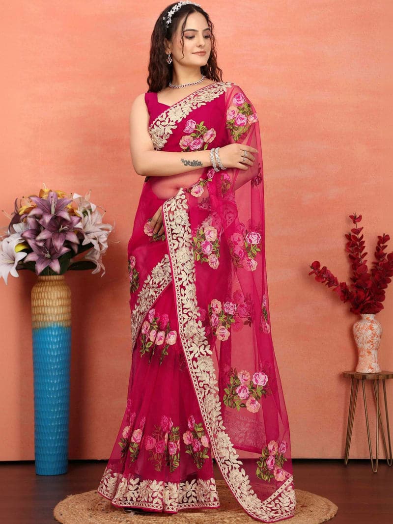 Pink Floral Embroidered Saree with Embroidered Border