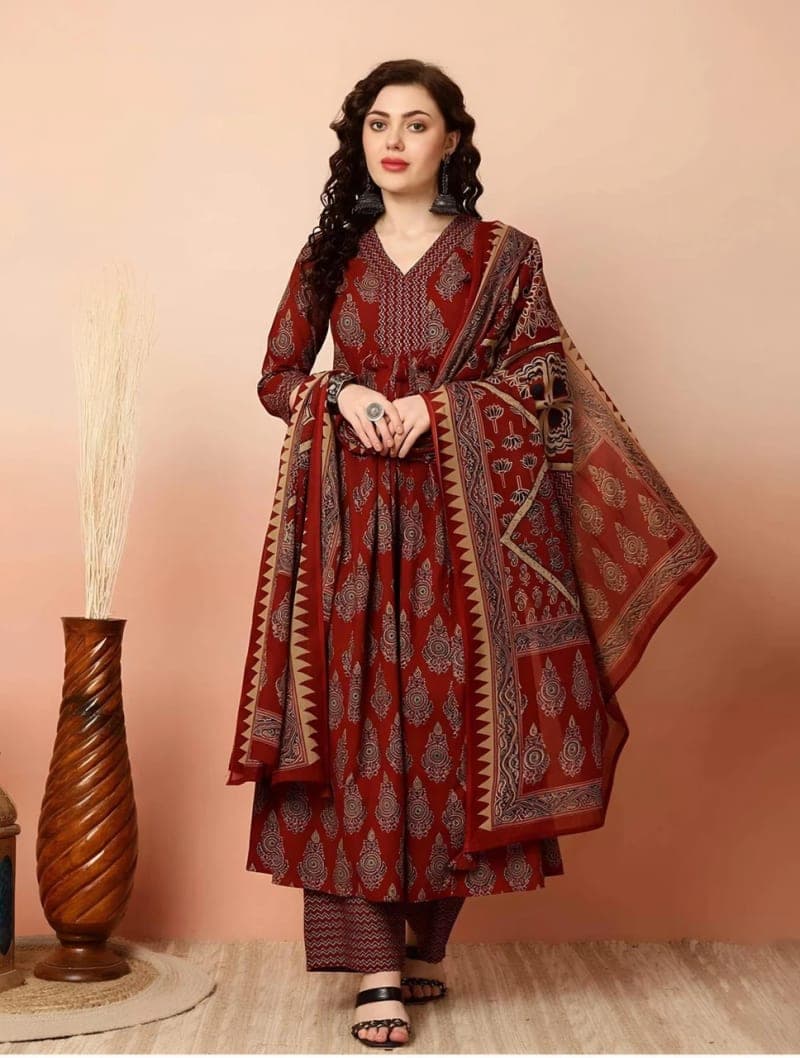 Maroon Floral Printed Rayon Naira Cut Kurta Palazzo Set