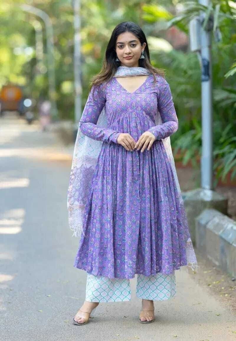 Purple Floral Rayon Anarkali Palazzo Set