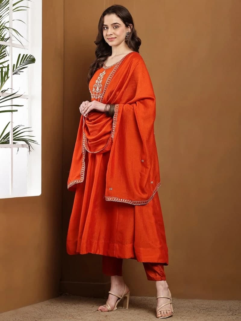 Orange Solid Embroidered Silk Blend Anarkali Kurta Set