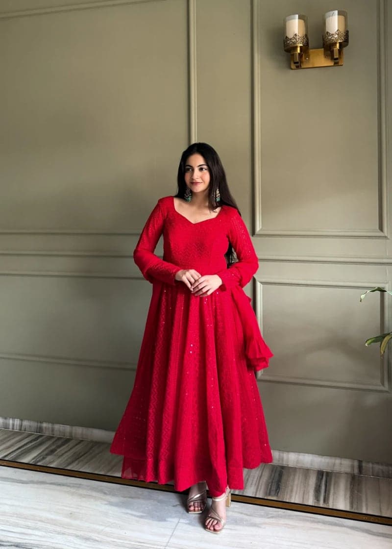 Red Solid Cotton Blend Kurta Pant and Dupatta Set