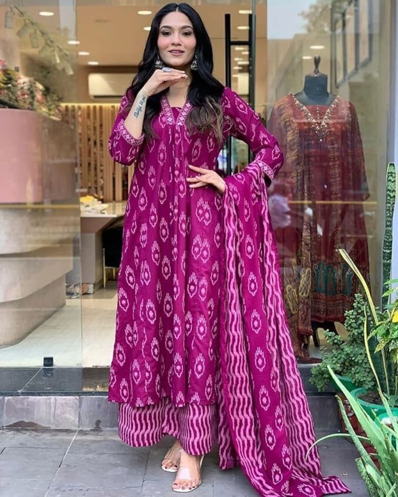Pink Printed Viscose A-line Kurta Set
