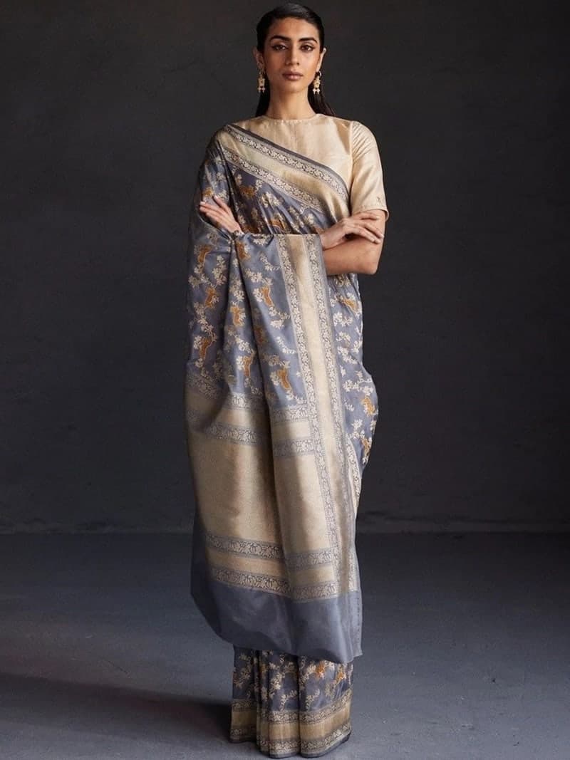 Grey Chanderi Woven Solid Saree with Zari Detail